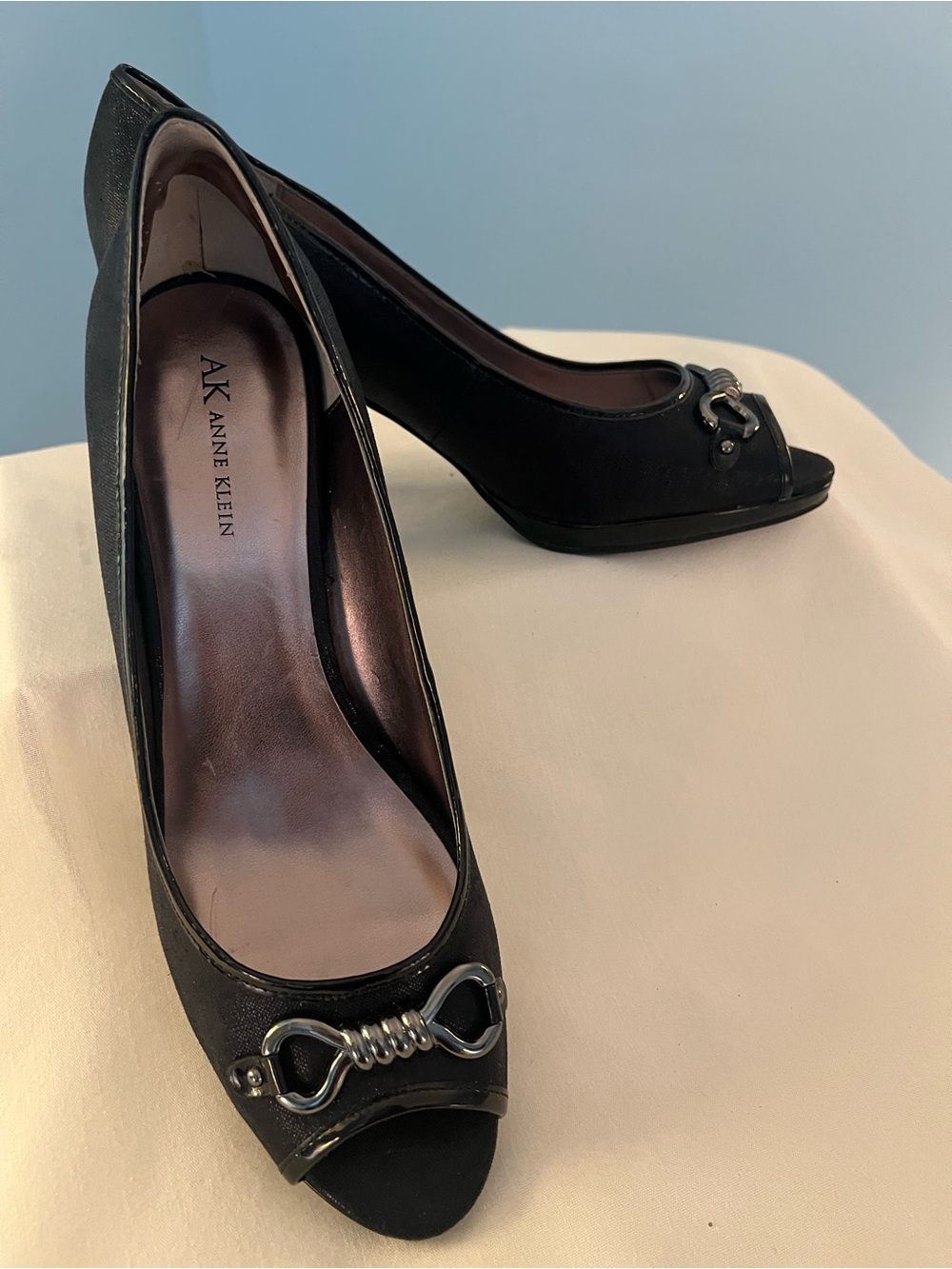 Anne Klein Black Peep-Toe Heels with Silver Buckle Detail